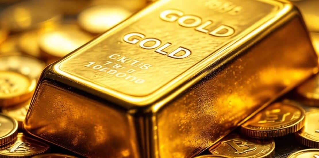 Un lingot d'or brillant avec des pièces d'or.