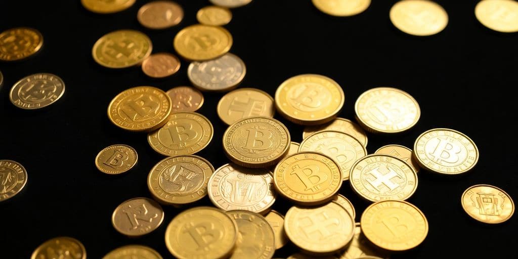 Pièces d'or éparpillées sur un fond sombre.