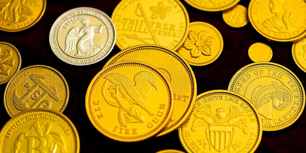 Collection de pièces d'or historiques sur fond velours.