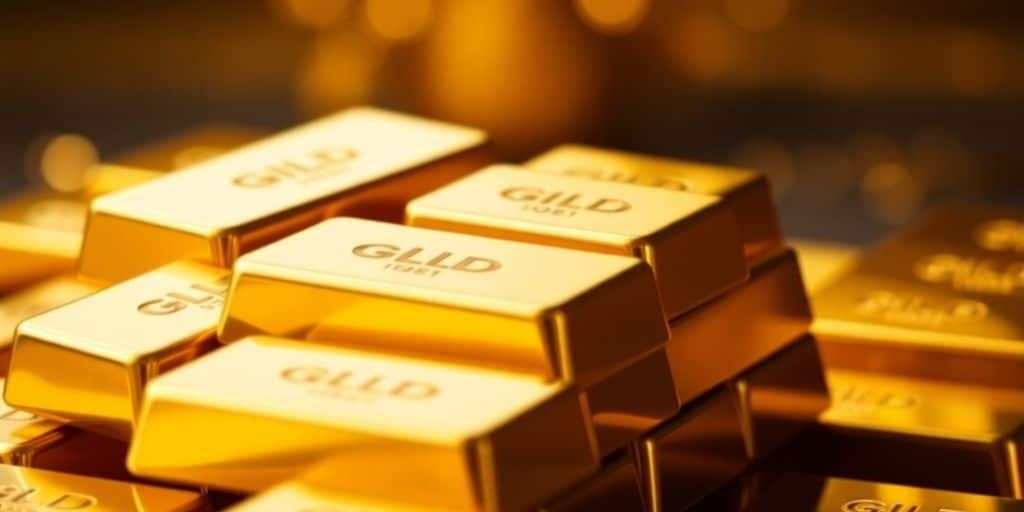 Barres d'or empilées sur un fond luxueux.