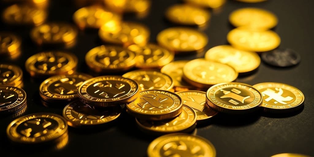 Pièces d'or brillantes sur une surface sombre.