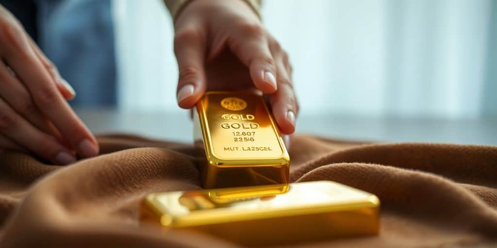 Lingot d'or sur un tissu en velours.