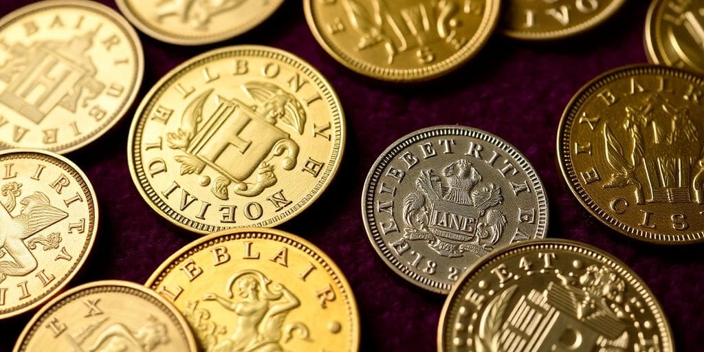 Pièces en or de Napoléon sur fond en velours.