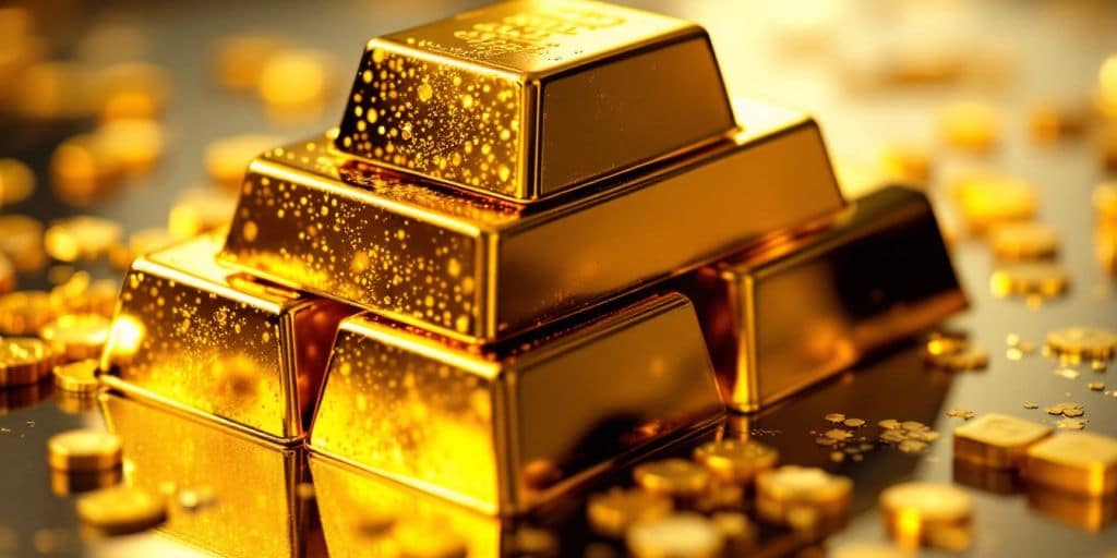 Barres d'or empilées sur une surface réfléchissante.