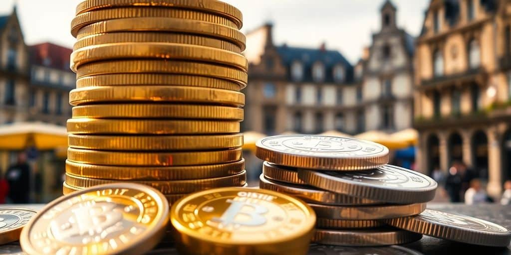 Pièces d'or et d'argent empilées sur fond flou.