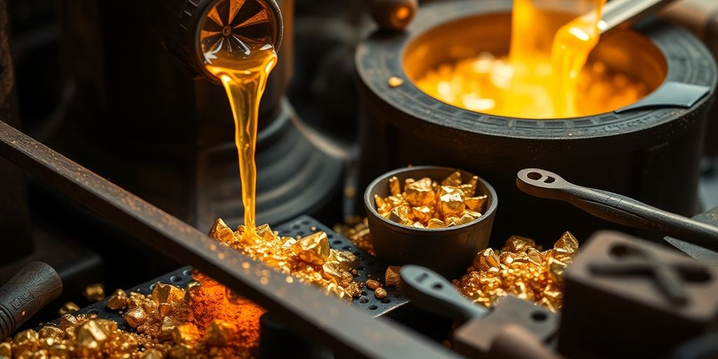 Processus de raffinage de l'or avec outils et métal fondu.