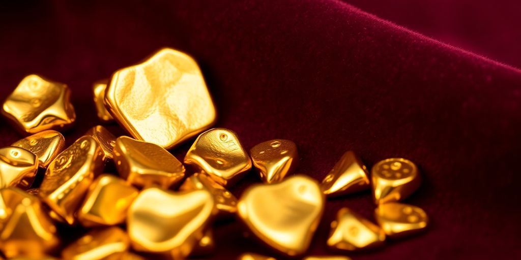 Des morceaux d'or dentaire brillants sur un velours.