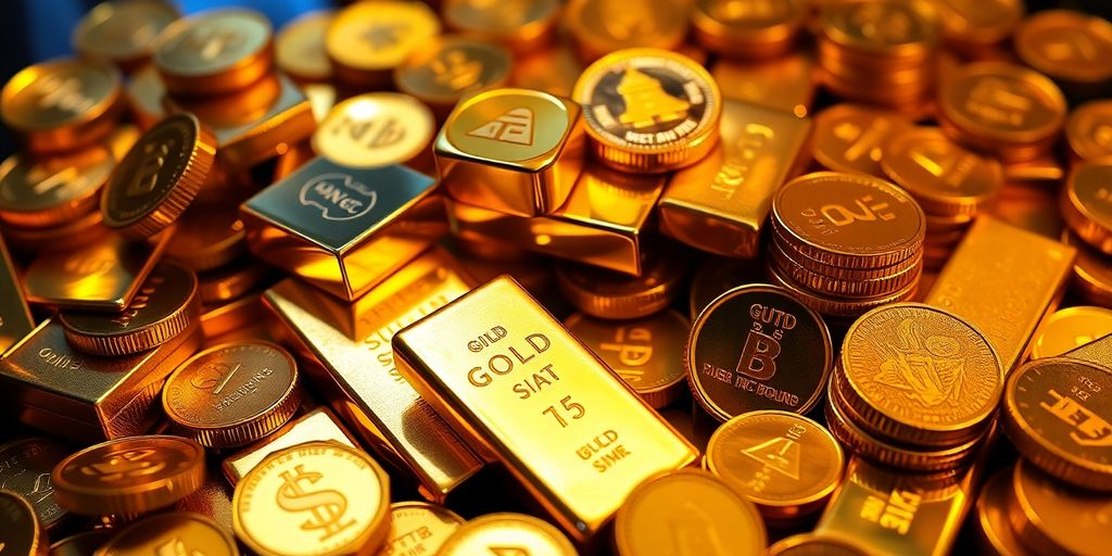 Lingots et pièces d'or sur une surface brillante.