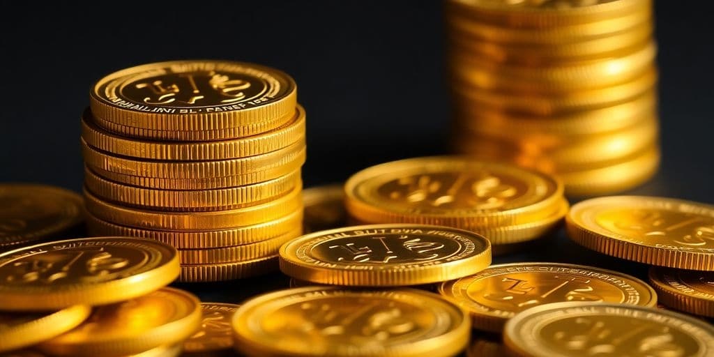Pièces d'or empilées sur un fond sombre.