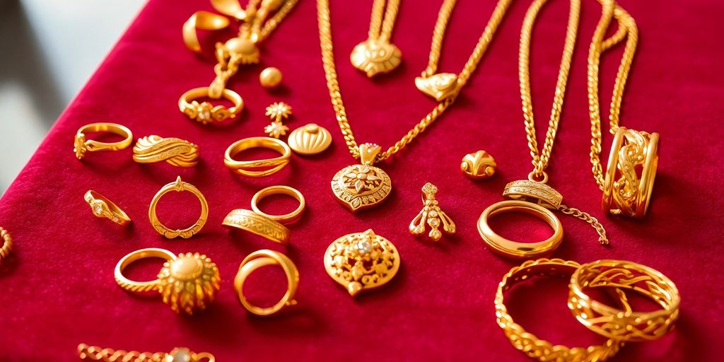 Bijoux en or sur un fond en velours.