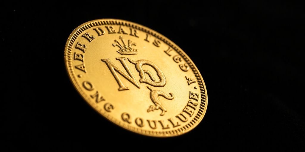 Une pièce en or de Napoléon sur fond sombre.