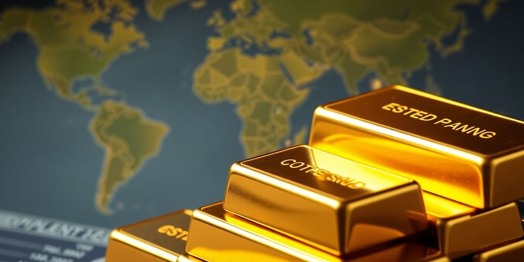 Barres d'or empilées avec une carte en arrière-plan.