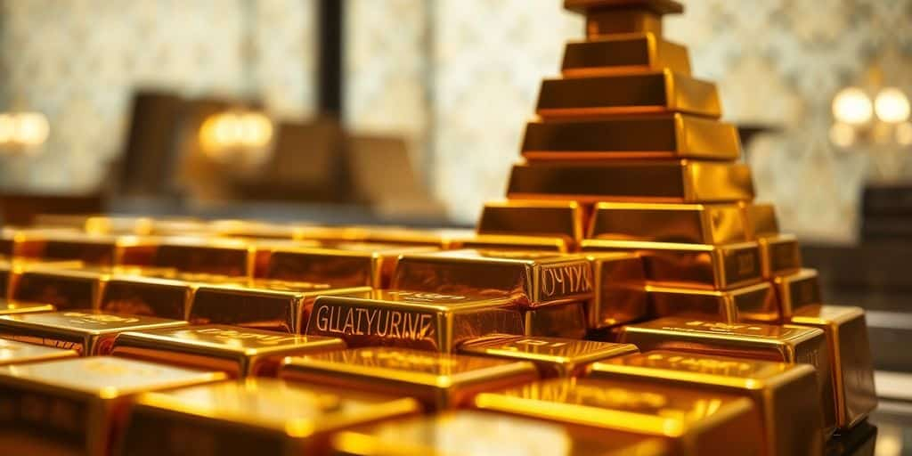 Lingots d'or empilés sur un fond luxueux.