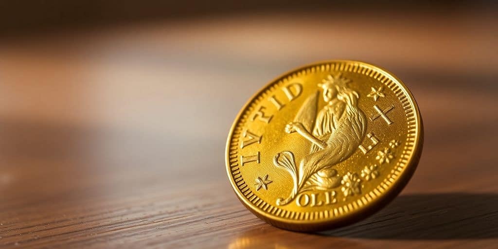 Monnaie Napoléon en or sur une table en bois.