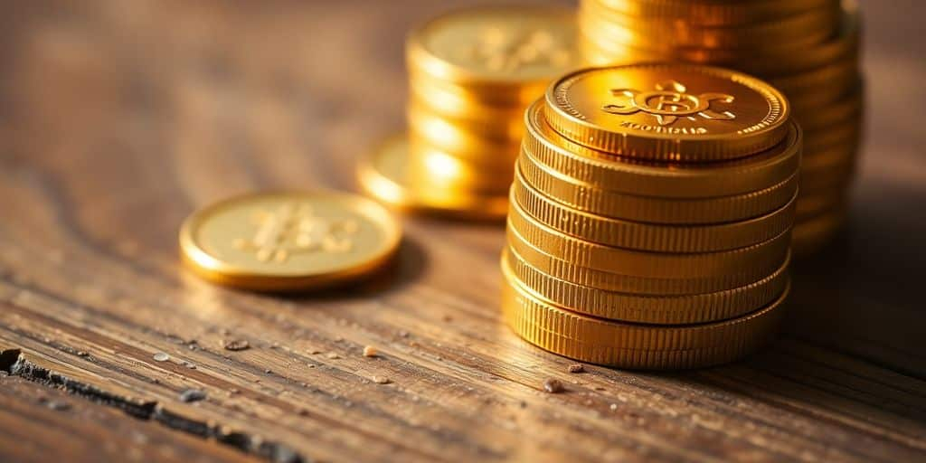 Pièces d'or empilées sur une table en bois.