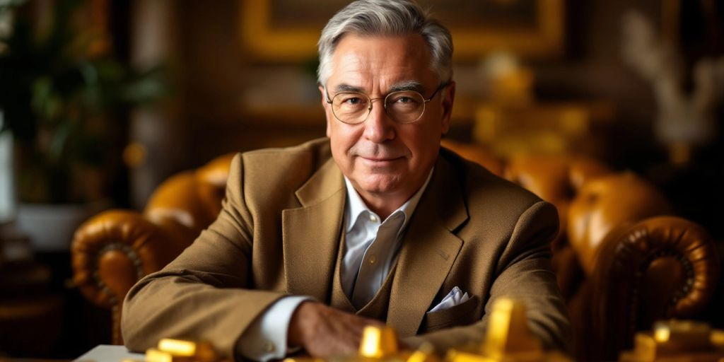 Portrait d'Eric Sprott avec des lingots d'or.