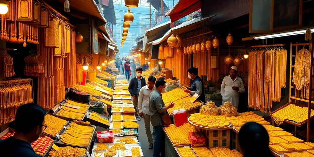 Scène de marché asiatique avec des bijoux en or.