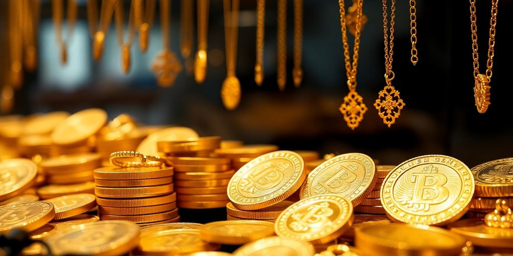 Pièces d'or et bijoux brillants sur fond flou.