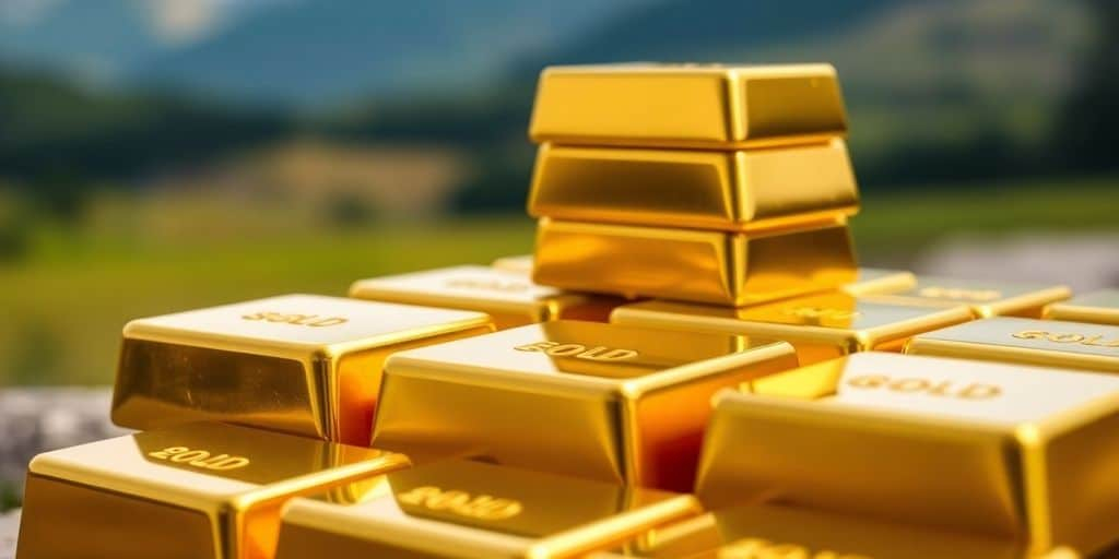 Des barres d'or empilées sur un fond flou.