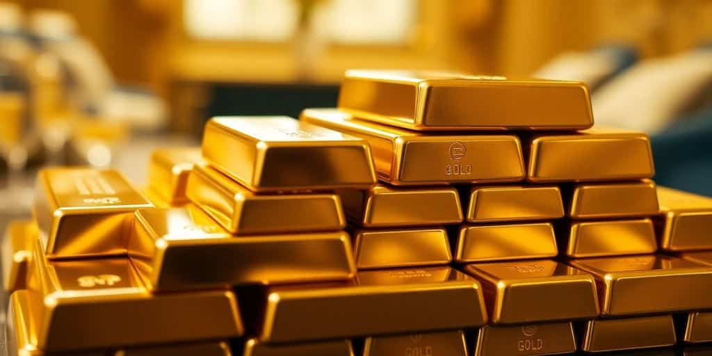 Des barres d'or empilées dans un cadre luxueux.