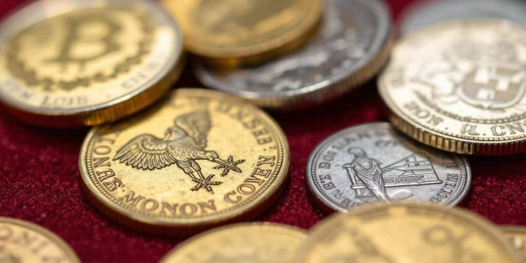 Pièces de monnaie rares sur un tissu en velours.