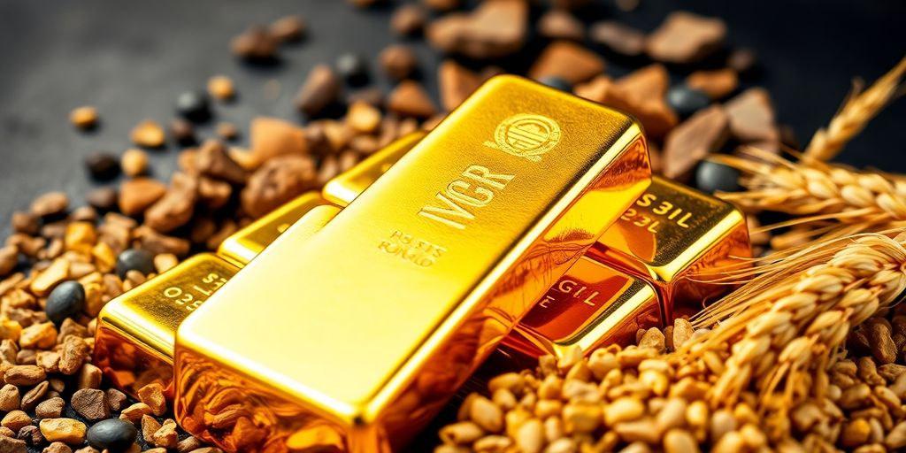 Des barres d'or avec des matières premières variées.