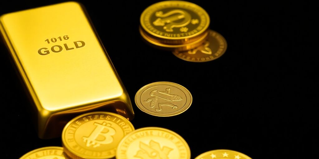 Barre d'or et pièces sur fond sombre.