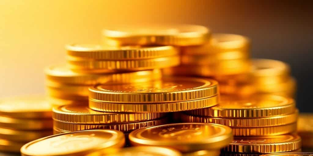 Pièces d'or brillantes empilées sur un fond flou.