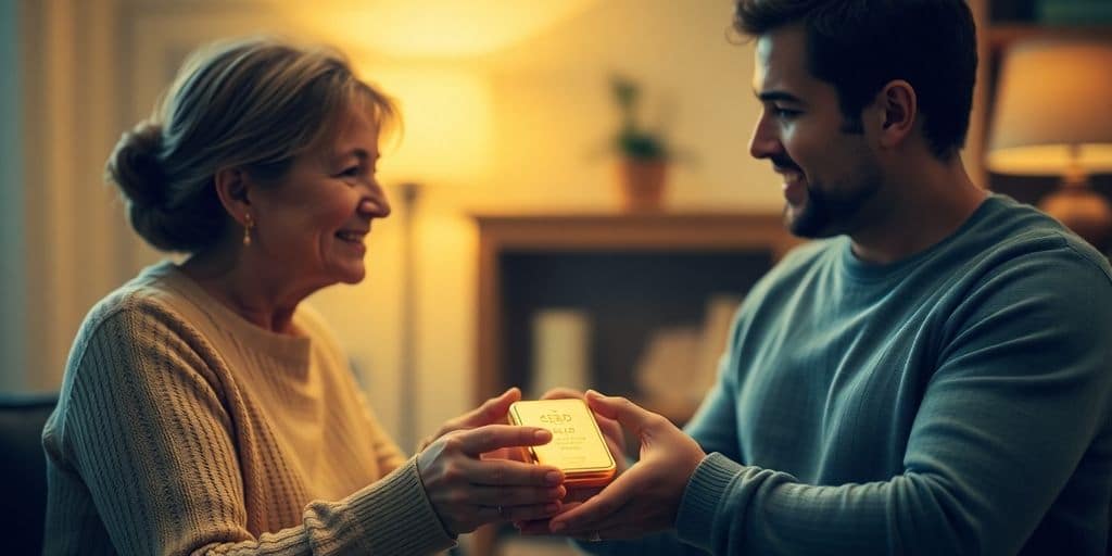 Échange d'un lingot d'or entre parent et enfant.