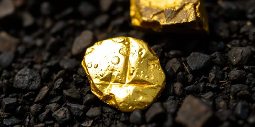 Gros plan d'un nugget d'or sur sol sombre.
