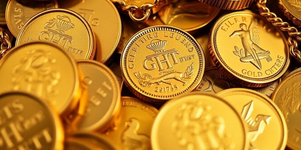 Pièces d'or et bijoux brillants sur un fond neutre.