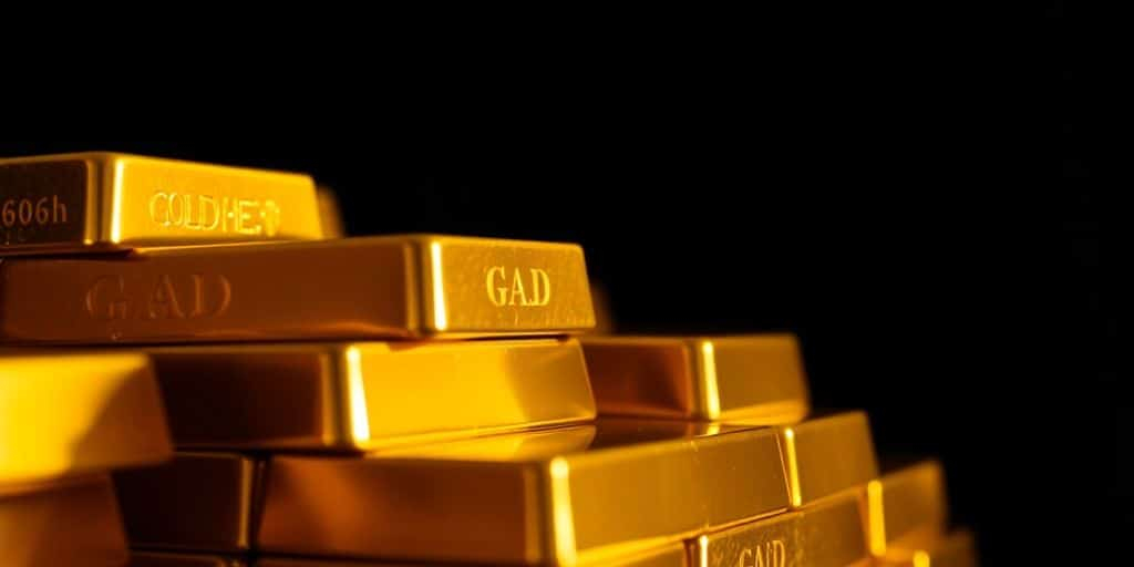 Barres d'or empilées sur un fond sombre.
