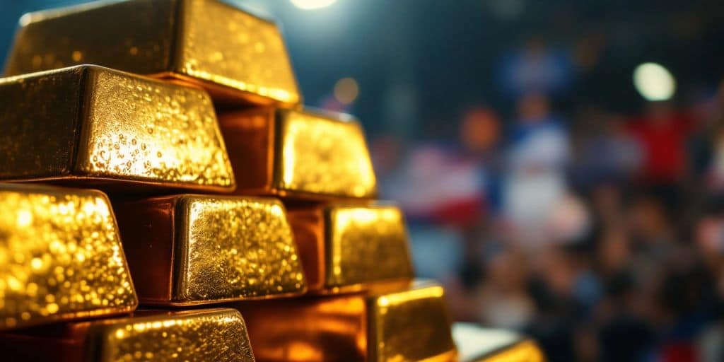 Barres d'or empilées avec un fond flou.