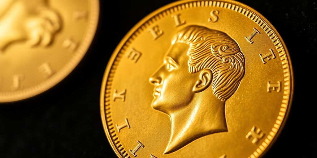 Pièce de monnaie Napoléon en or sur fond sombre.