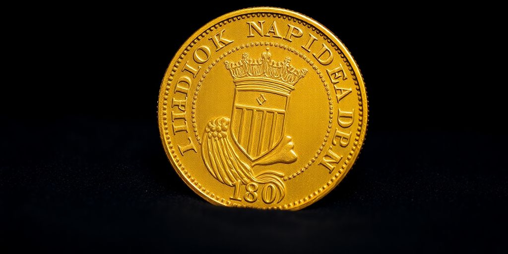 Pièce en or de Napoléon sur fond sombre.