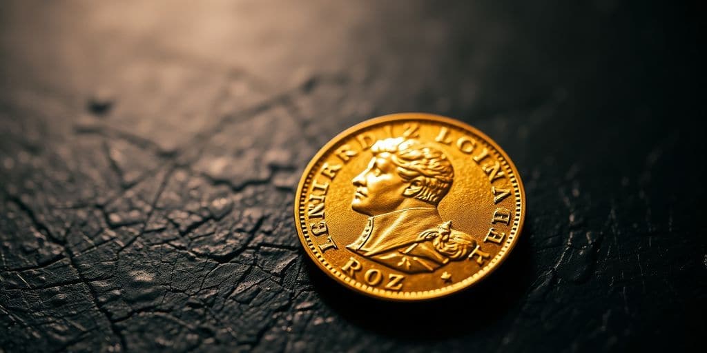 Pièce de monnaie en or de Napoléon sur fond sombre.