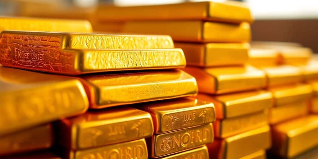 Barres d'or empilées brillantes sous une lumière douce.