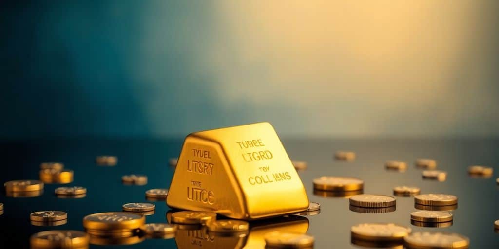 Lingot d'or sur une surface réfléchissante avec des pièces.