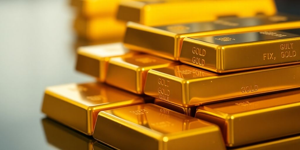 Lingots d'or empilés sur une surface brillante.