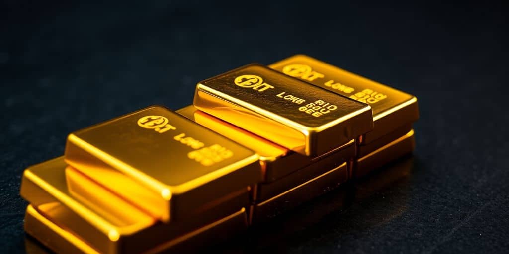 Barres d'or empilées sur une surface sombre.