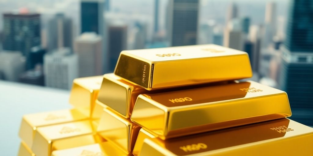Des barres d'or empilées sur un fond flou.