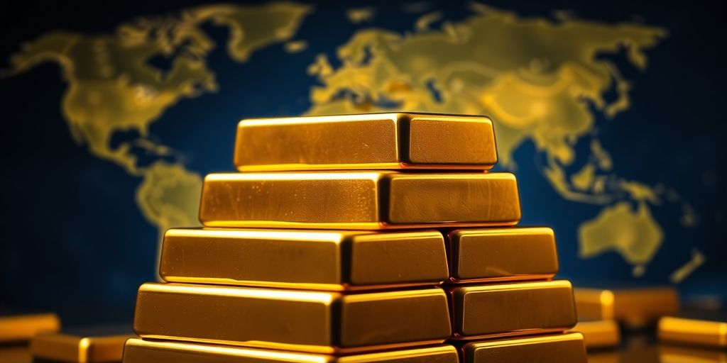 Barres d'or empilées sur une carte du monde.