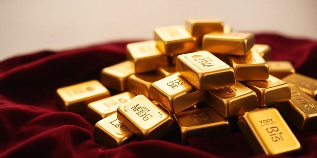 Lingots d'or sur un tissu en velours.