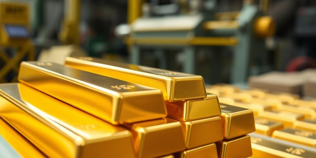 Des barres d'or empilées avec des machines industrielles floues.