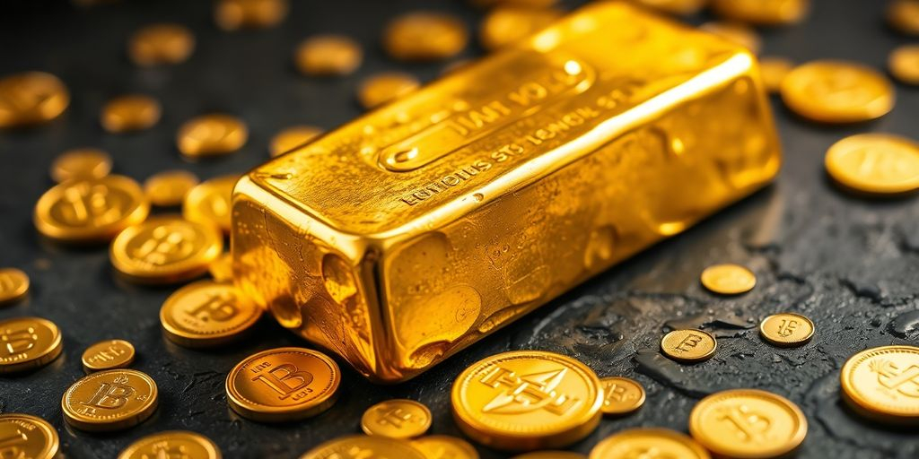 Lingot d'or brillant sur fond sombre avec pièces.