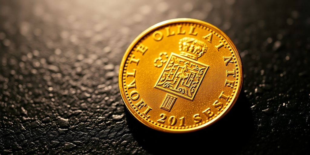 Monnaie en or de Napoléon sur fond sombre.