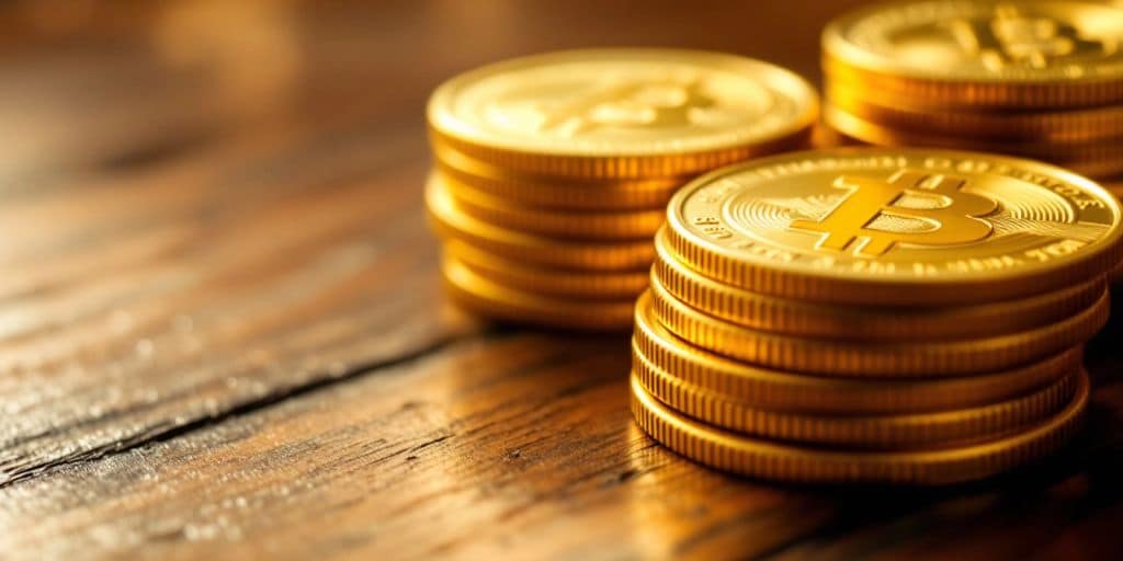 Des pièces d'or empilées sur une surface en bois.