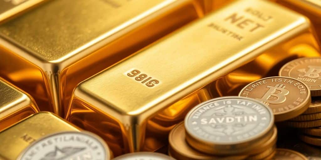 Barres d'or et pièces de monnaie sur une surface.