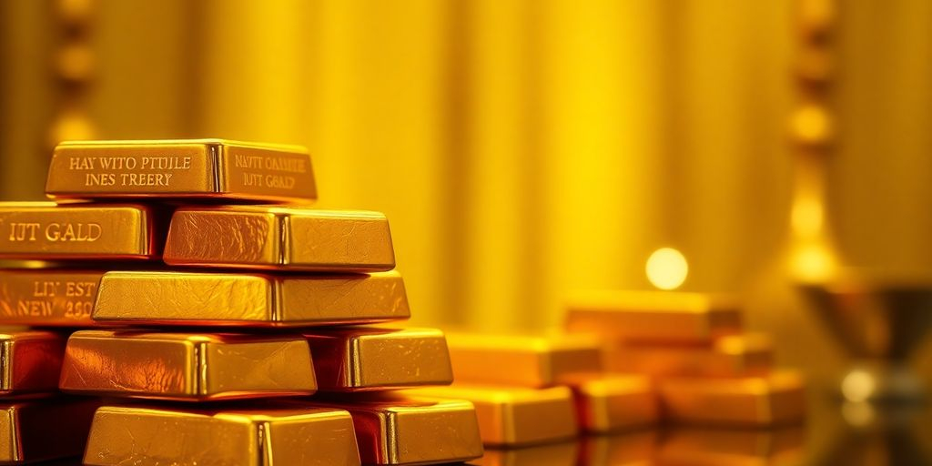 Lingots d'or empilés dans un cadre luxueux.