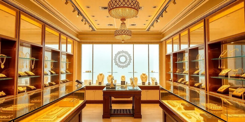 Intérieur d'une bijouterie avec des objets en or.